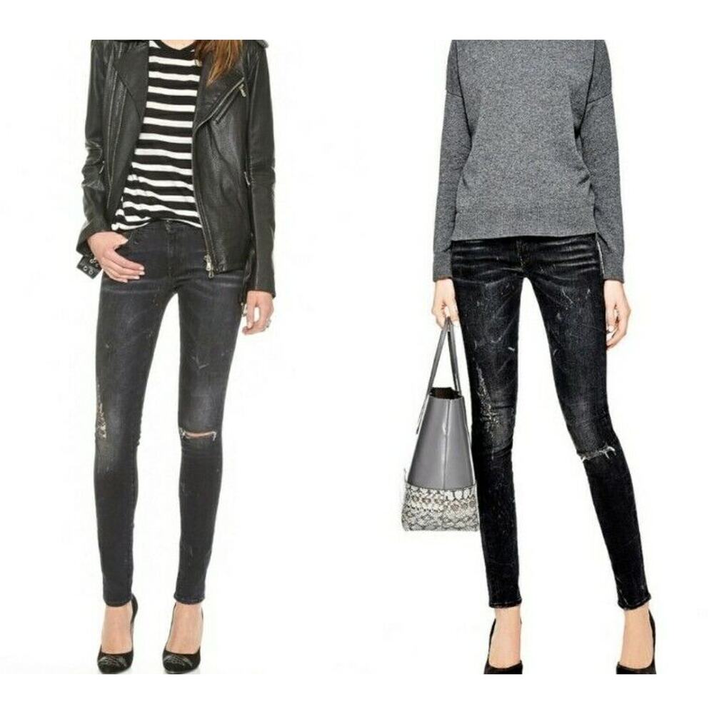 R13 Skinny Jeans Black Marble with Ripped Knees Sz 28 Destroyed (h